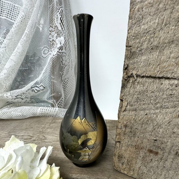 Vintage Metal Bud Vase Etched Mountain Design 6.5" - Picture 8 of 8